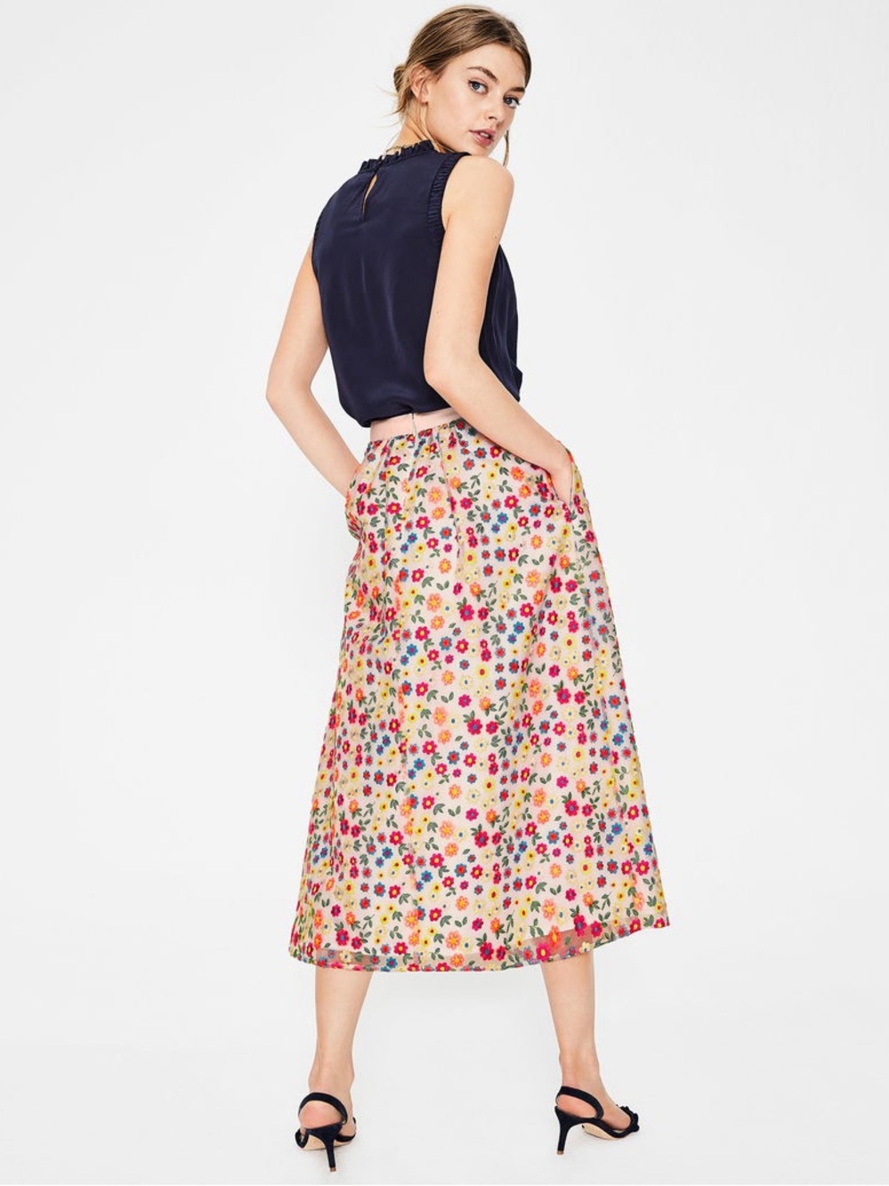 Boden Marjorie Organza Midi Skirt Colorful Floral Embroidered Size US 10 Party - Picture 4 of 15